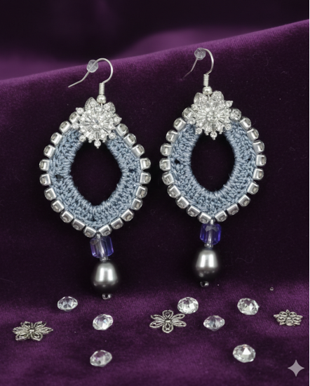 Háčkované  dizajnové náušnice "Krištáľové krídlo"